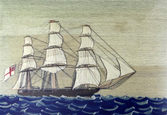 A Victorian woolwork picture of a ship at full sail, 22.75in.